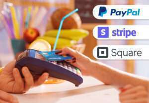 Image showing PayPal, Stripe, and Square logos for the 911MYWEB blog about selecting the best ecommerce merchant account.
